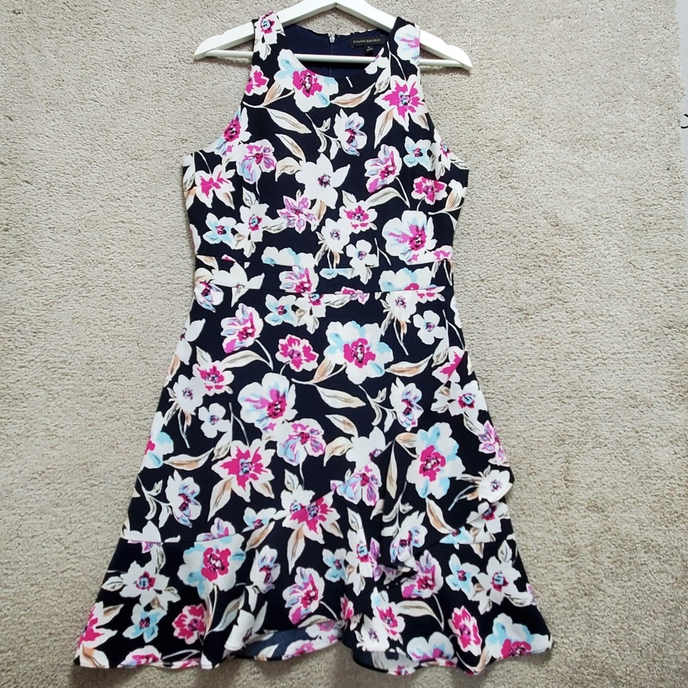 Banana Republic Dress Womens 6 Black Floral Racerback Ruffle Wrap Hem Sleeveless